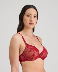 My Fit Lace Push Up Bra in JESTER RED. Flat lay back view