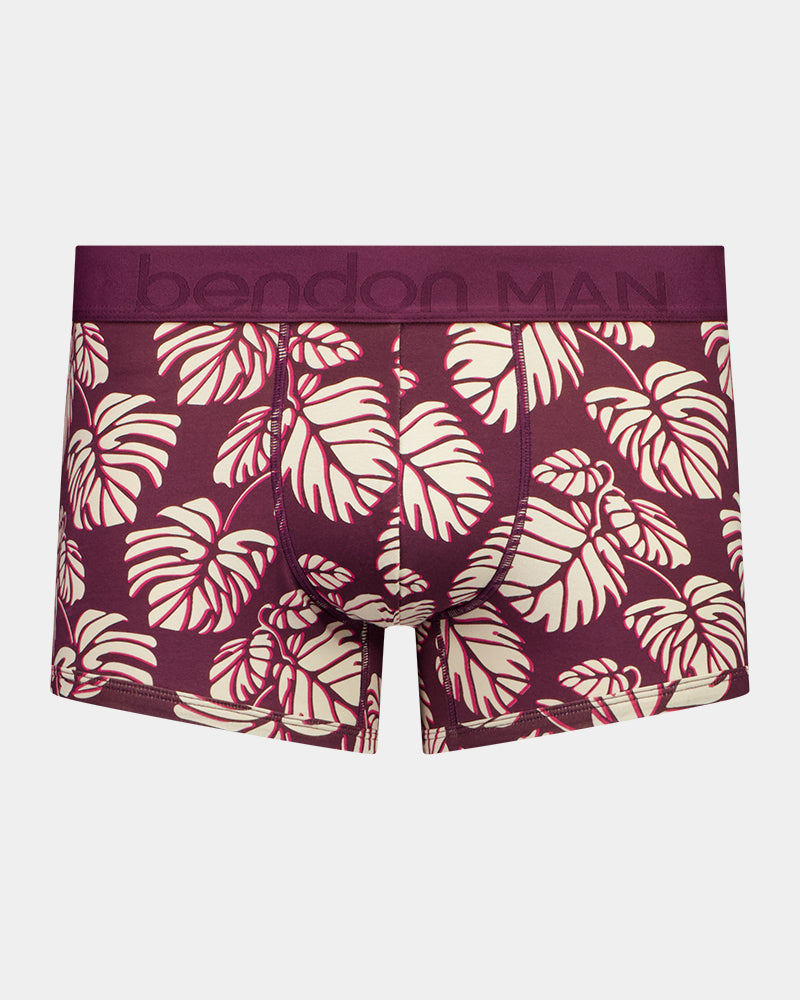 Retros Print Mens Trunk in FIG MONSTERA PRINT. Flat lay front view