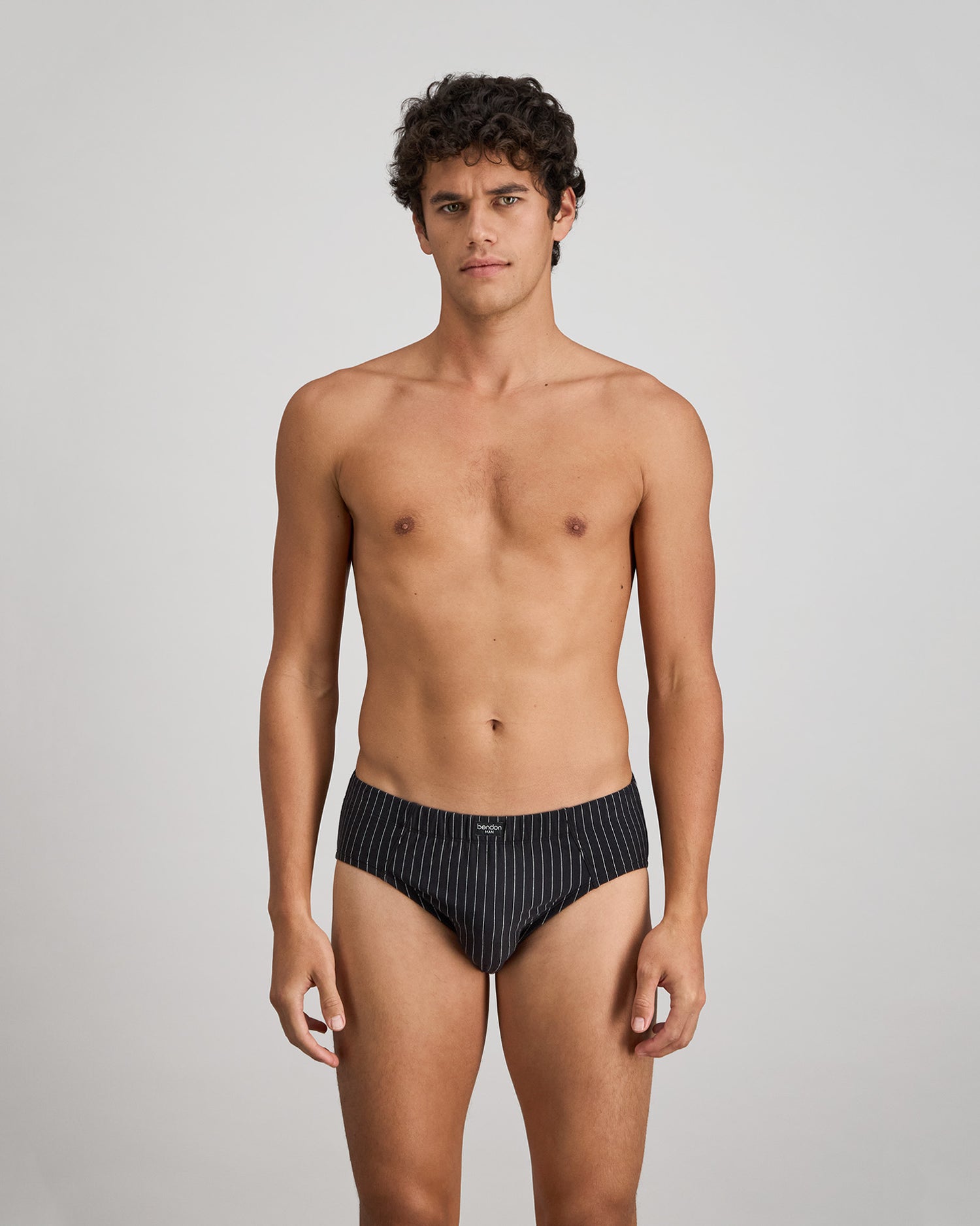 Cotton Stretch Mens Brief in BLACK PINSTRIPE. Feature shot