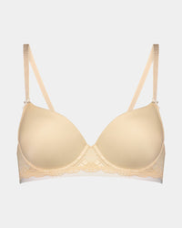 Geometric Lace Contour Bra in TOASTED ALMOND/PRISTINE. Flat lay front view
