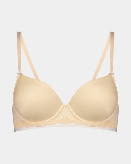 Geometric Lace Contour Bra in TOASTED ALMOND/PRISTINE. Flat lay front view