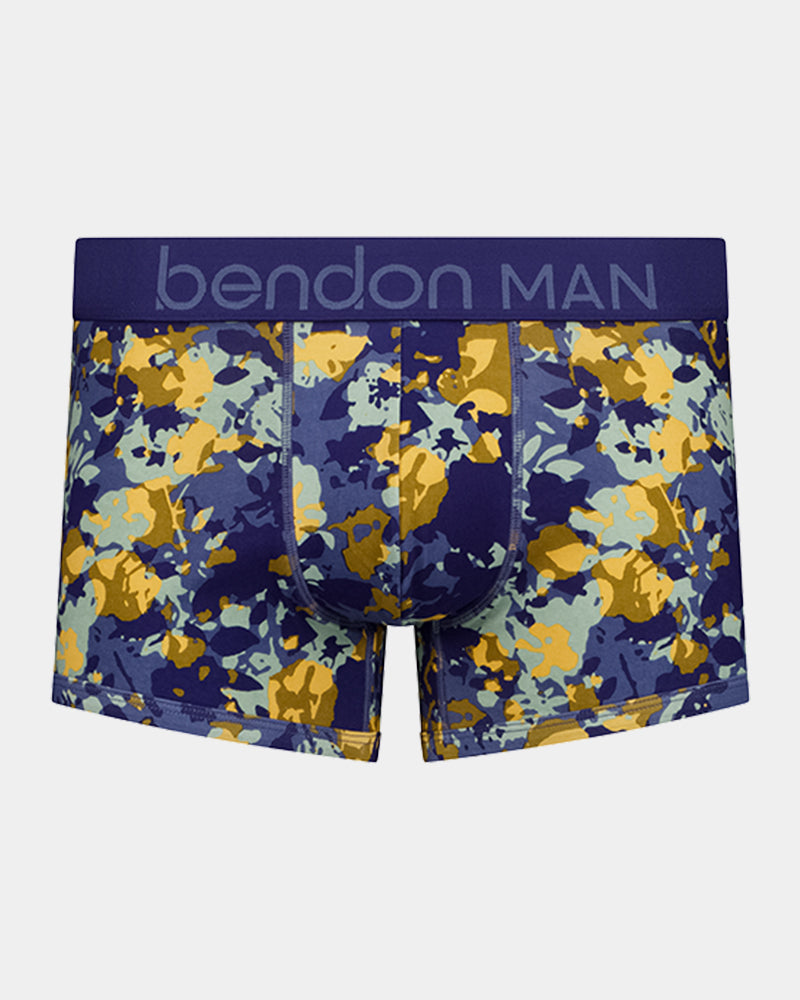 Retros Print Mens Trunk in WILD CAMO PRINT. Flat lay front view