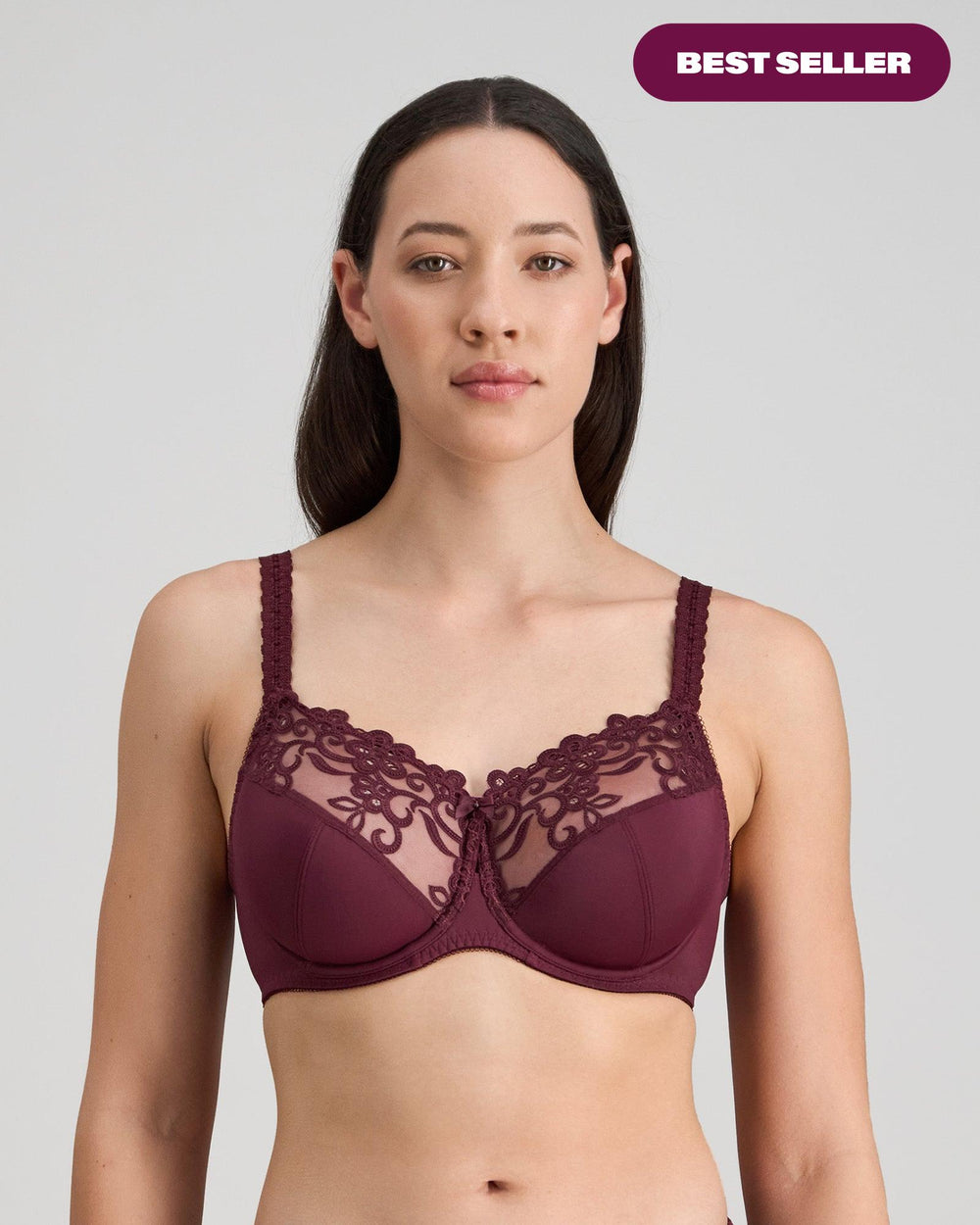Model wears Coral Underwire Bra in FIG. On body front view