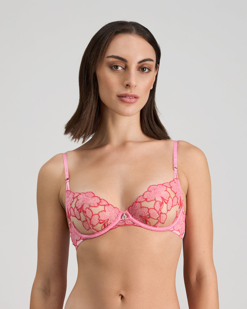 Model wears Josephine Underwire Bra in SACHET PINK. On body front view