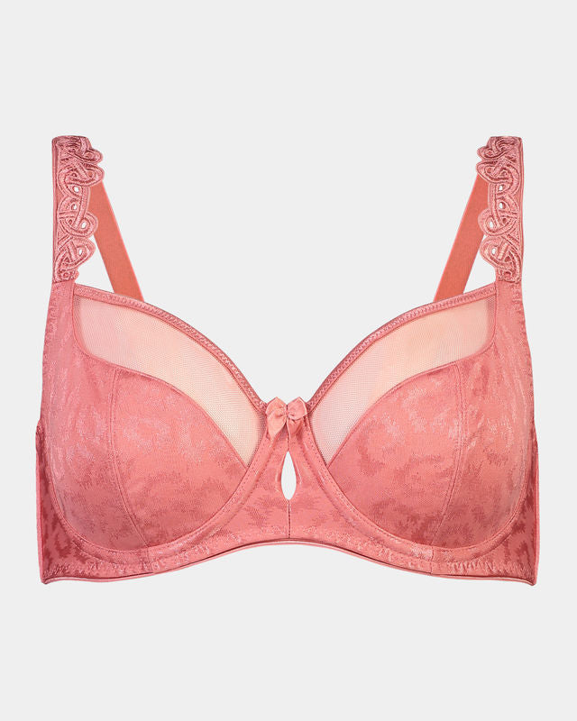 Damask Underwire Bra in TEA ROSE. Flat lay front view