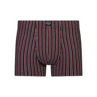 Cotton Stretch Mens Trunk in BLACK/RHUBARB STRIPE. Flat lay front view