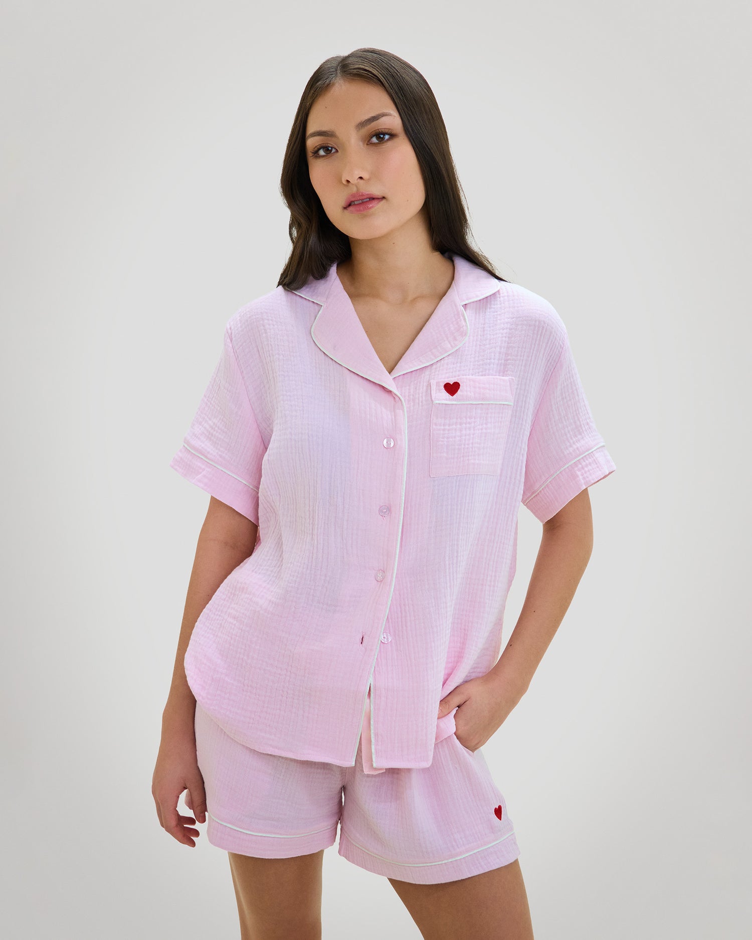 Model wears Bonbon Short Pj in PALE LILAC. On body front view