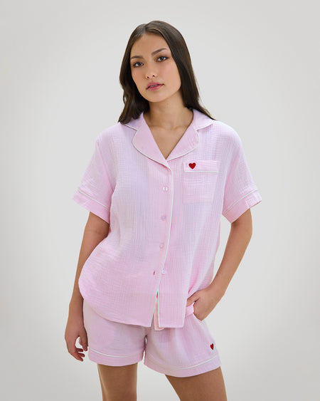Model wears Bonbon Short Pj in PALE LILAC. On body front view
