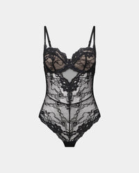 My Fit Lace Bodysuit in BLACK. Flat lay front view