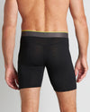 Model wears Everyday Active Mens Long Trunk in BLACK. On body back view