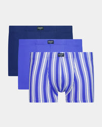 Cotton Stretch Mens Trunk 3 Pack in STRIPE/DAZZ/MED BLUE. Flat lay front view