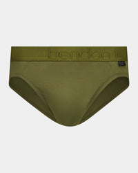Bamboo Mens Brief in DARK OLIVE. Flat lay front view