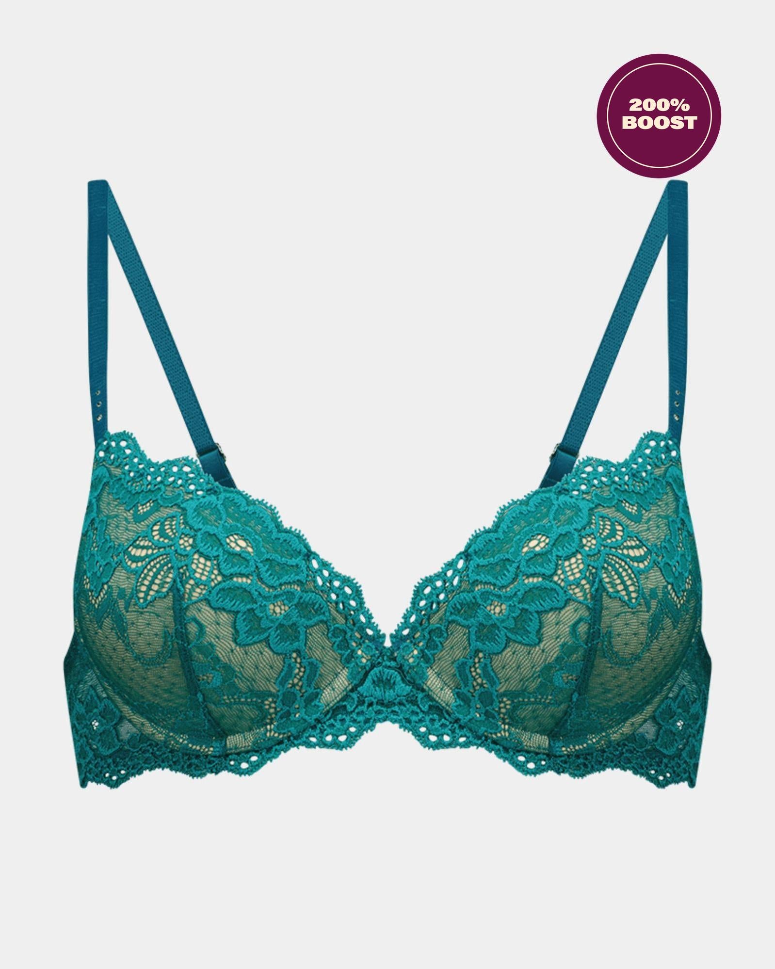 My Fit Lace Push Up Bra in EVERGLADE. Flat lay front view