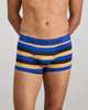 Model wears Rugby Stripe Mens Trunk in BLACK/SURF/OAK BUFF. On body front view