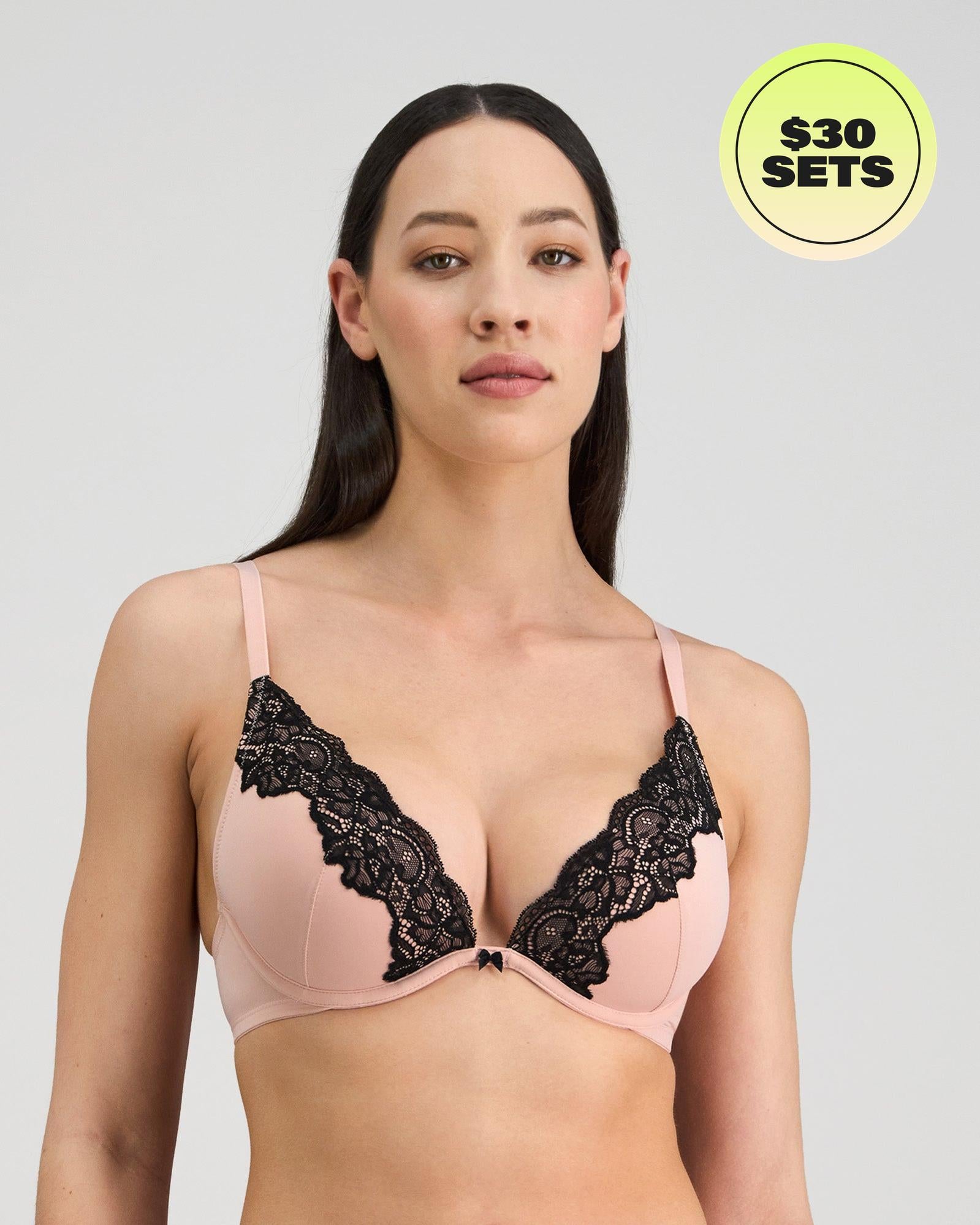 Model wears Aziza Contour Bra in SILVER PINK/BLACK. On body front view