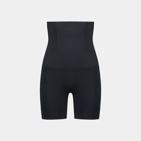 Medium Control High Waisted Shaper Short in BLACK. Flat lay front view