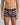 Model wears Bold Stripe Mens Trunk in BLACK/PLUM STRIPE. On body front view