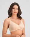 Model wears Comfit Collection Wire Free Front Opening Bra in LATTE. On body side view