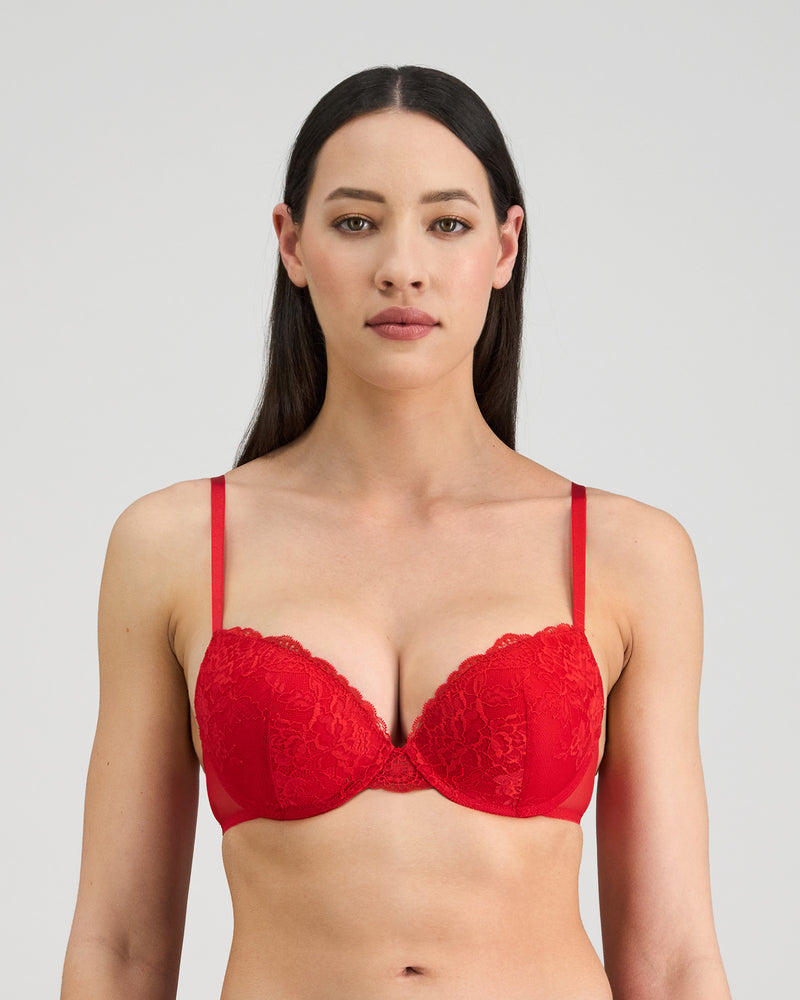 Model wears Florence Push Up Bra in SALSA. On body front view