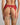 Model wears Niara Suspender in JESTER RED. On body back view