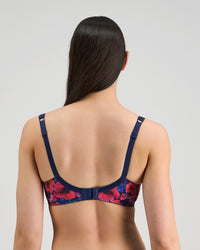 Model wears Wild Violet Underwire Bra in JAZZY FLORAL PRINT. On body back view