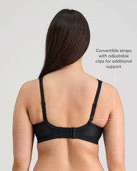 Model wears Stamina Wire Free Bra in BLACK. On body back view