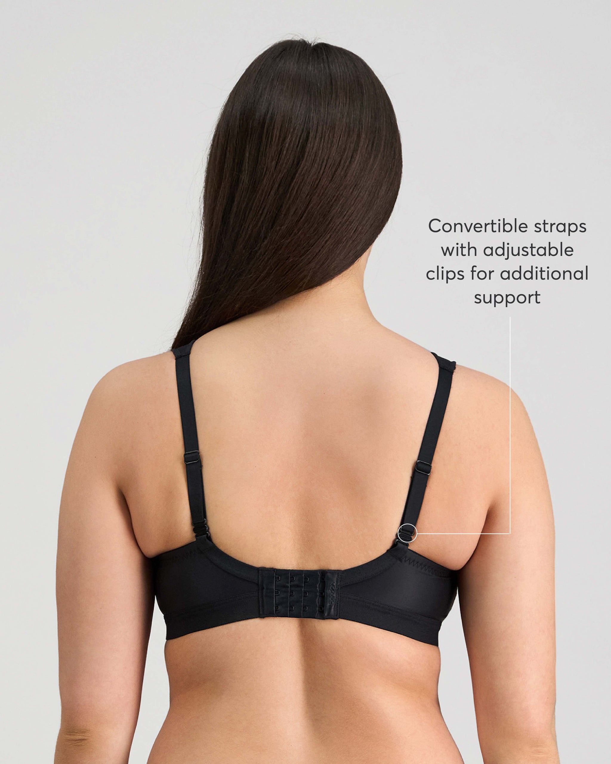 Model wears Stamina Wire Free Bra in BLACK. On body back view