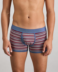 Model wears Bold Stripe Mens Trunk in INDIGO/FIG STRIPE. On body front view