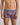 Model wears Bold Stripe Mens Trunk in INDIGO/FIG STRIPE. On body front view