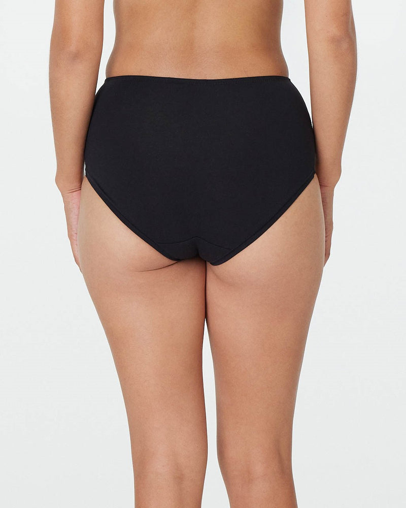 Model wears Embrace Full Brief in BLACK. On body back view