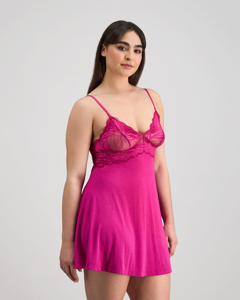 Model wears Siesta Chemise in FANTASY FUCHSIA. On body side view