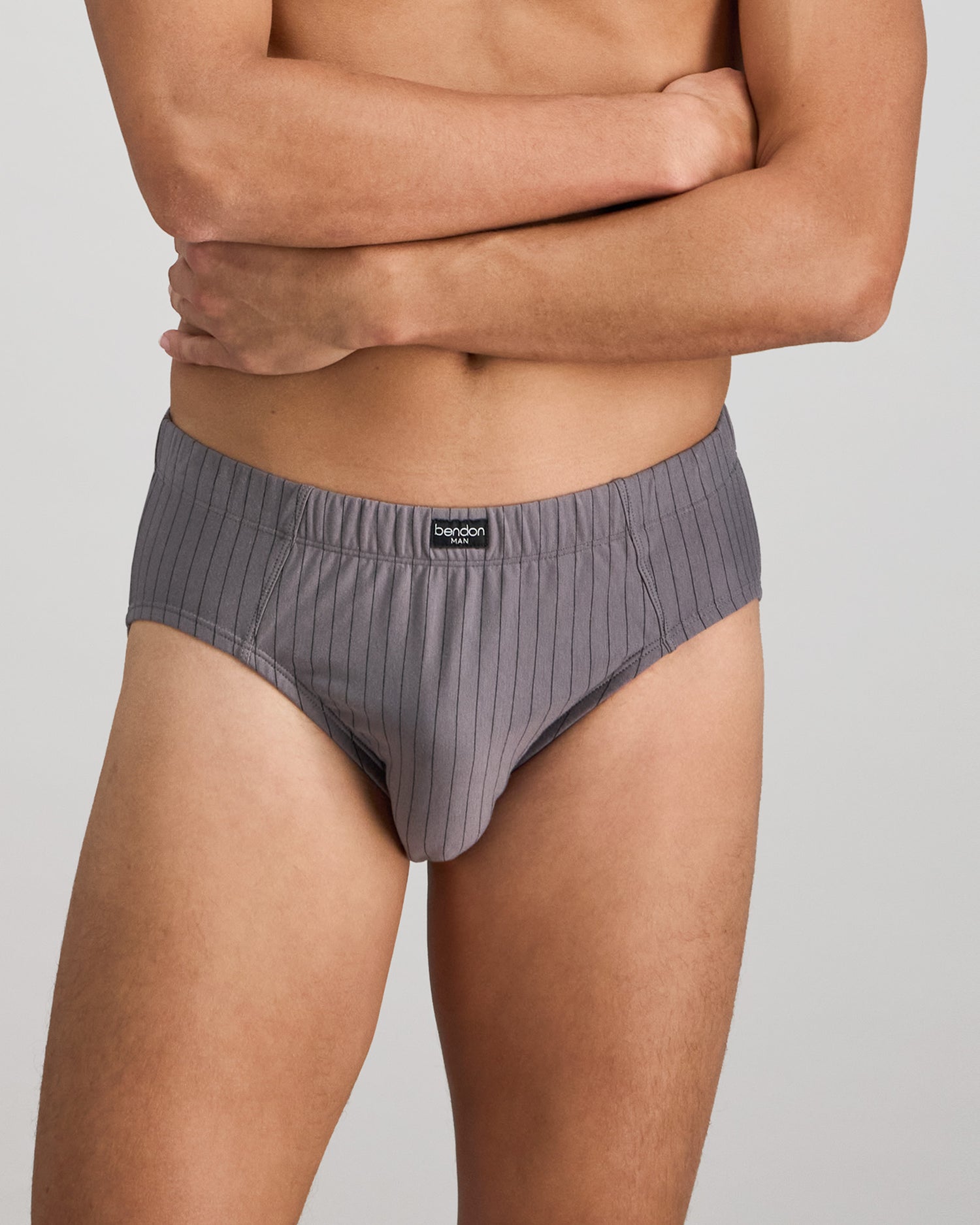 Model wears Cotton Stretch Mens Brief in ASH PINSTRIPE. On body front view