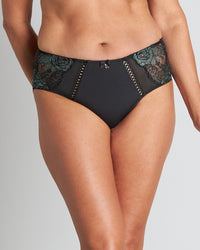 Model wears Eloquence Full Brief in BLACK/DEEP LAKE. On body front view