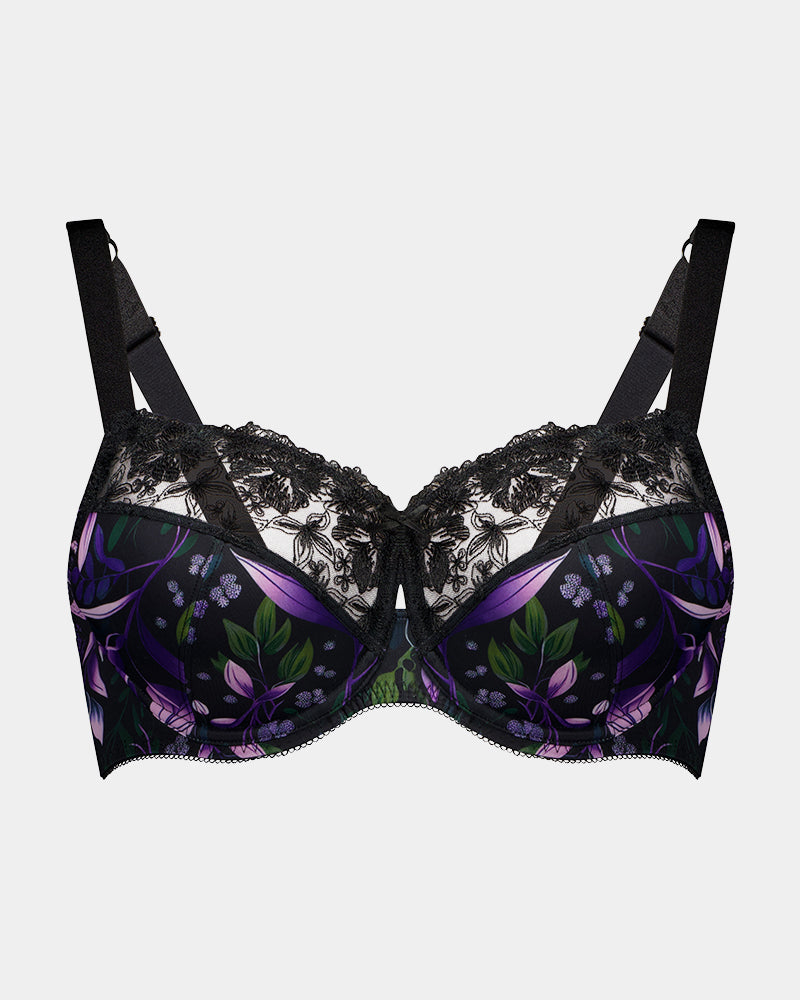 Violet Floral Underwire Bra in FAIRY TALE PRINT. Flat lay front view