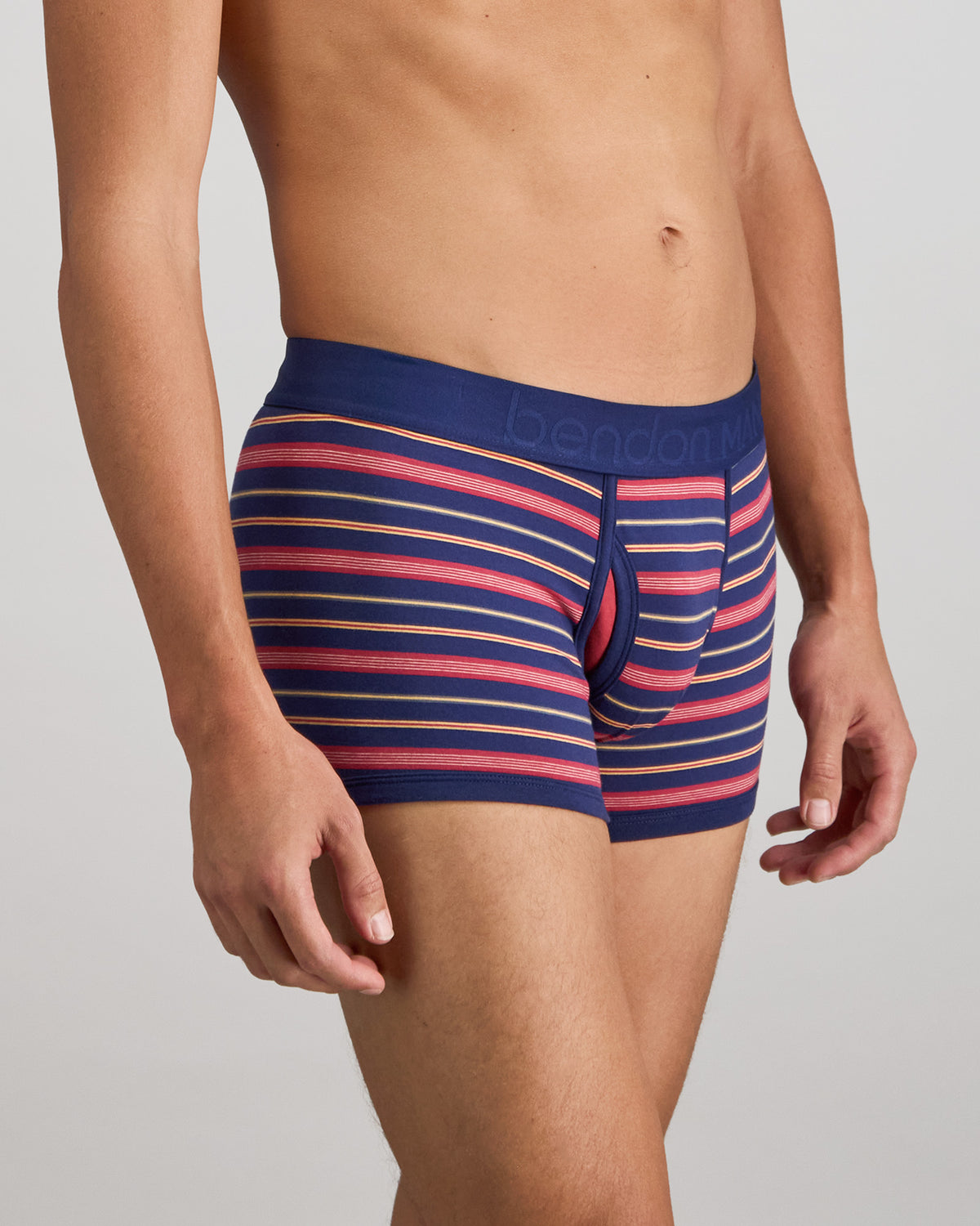 Model wears Bold Stripe Mens Trunk in MEDIEVAL/GARNET STRIPE. On body side view