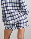 Model wears Cosy Flannel Short Pj in NAVY BLAZER. On body back view