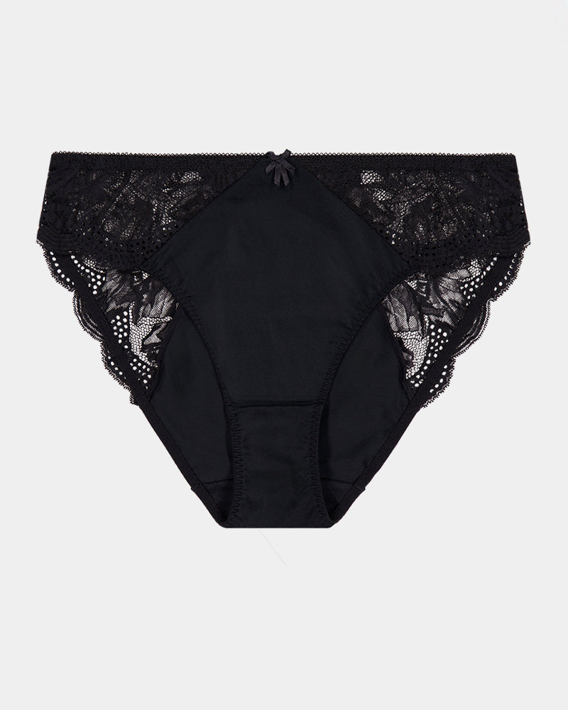 Aria High Cut Brief in BLACK. Flat lay front view