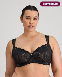 Model wears Midnight Express Underwire Bra in BLACK. On body front view