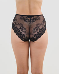 Model wears All Lacey Full Brief in BLACK. On body back view