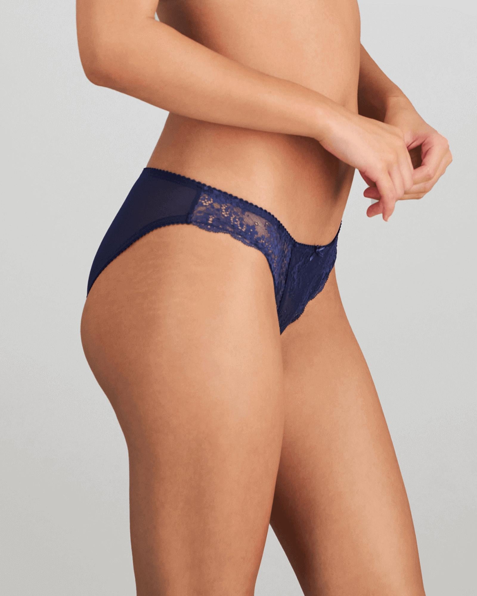 Model wears Sofia Bikini in Medieval Blue. On body side view