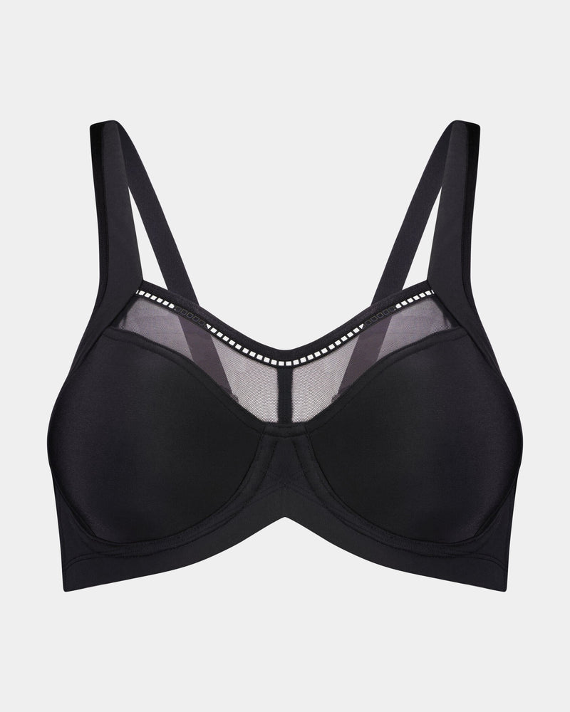 Bendon Sport Underwire Bra in BLACK/SILVER. Flat lay front view