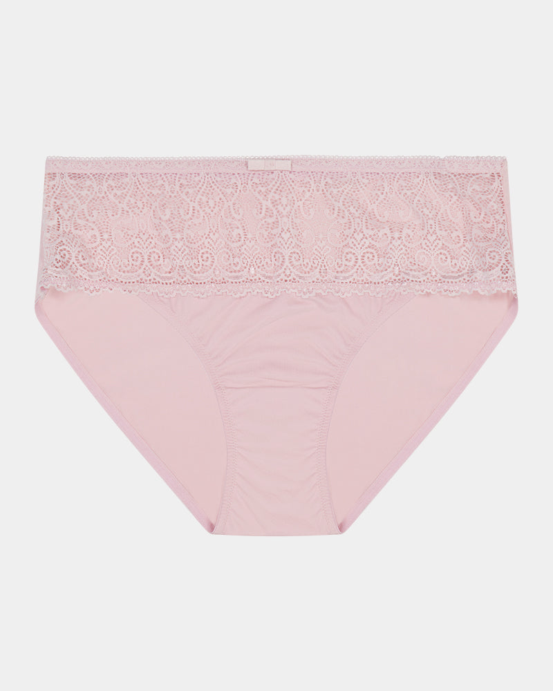 Graceful Lace High Cut Brief in PALE LILAC. Flat lay front view