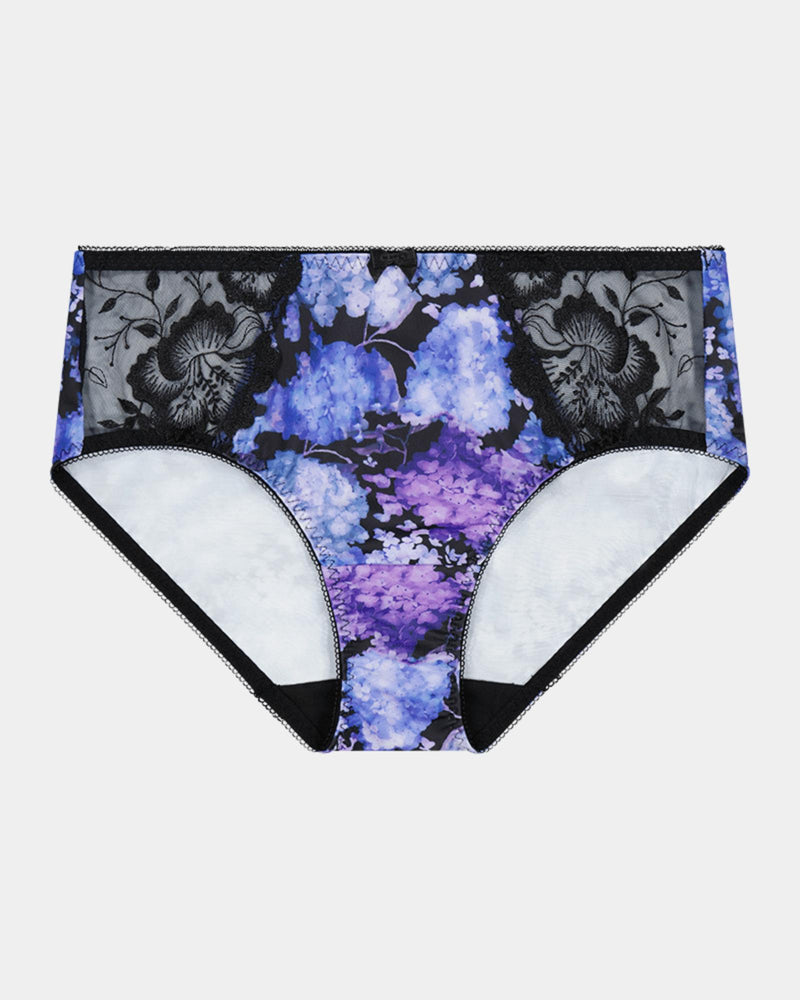 Wild Violet Full Brief in BLUE HYDRANGEA PRINT. Flat lay front view