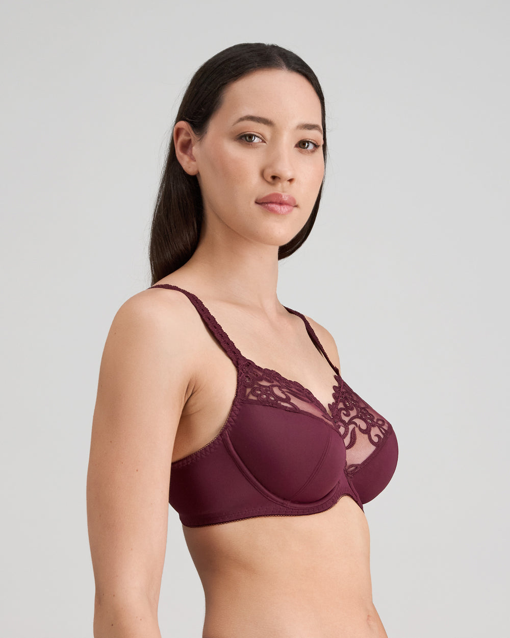 Model wears Coral Underwire Bra in FIG. On body side view