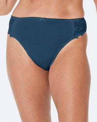 Model wears Coral High Cut Brief in REFLECTING POND. On body front view