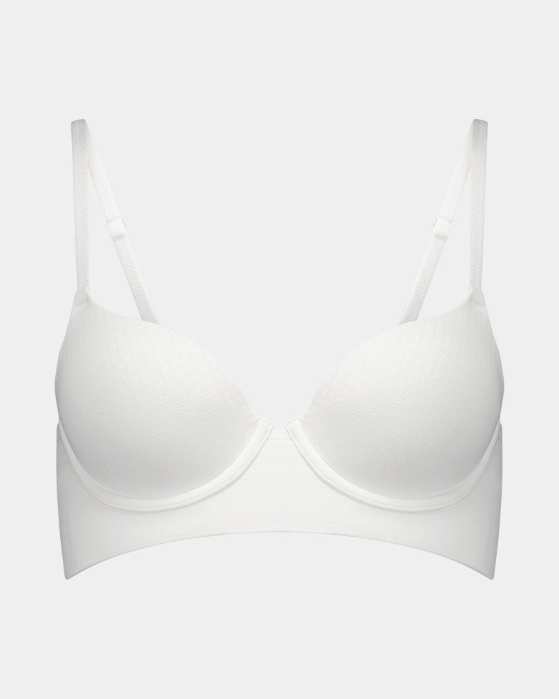 Play Contour Long Line Bra in WHITE. Flat lay front view
