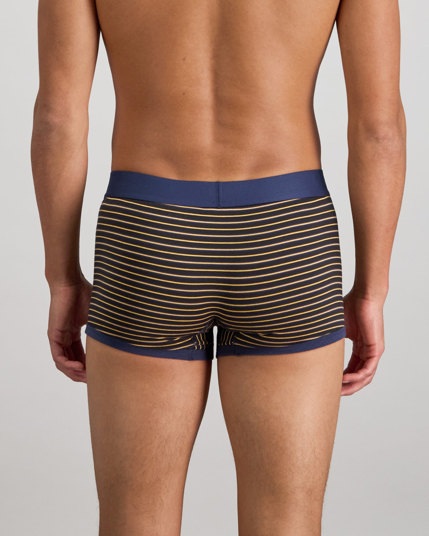 Model wears Bold Stripe Mens Trunk in BLACK/OAK BUFF STRIPE. On body back view