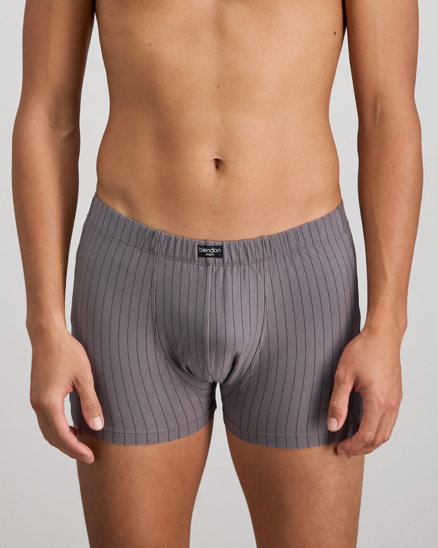 Model wears Cotton Stretch Mens Trunk in ASH PINSTRIPE. On body front view