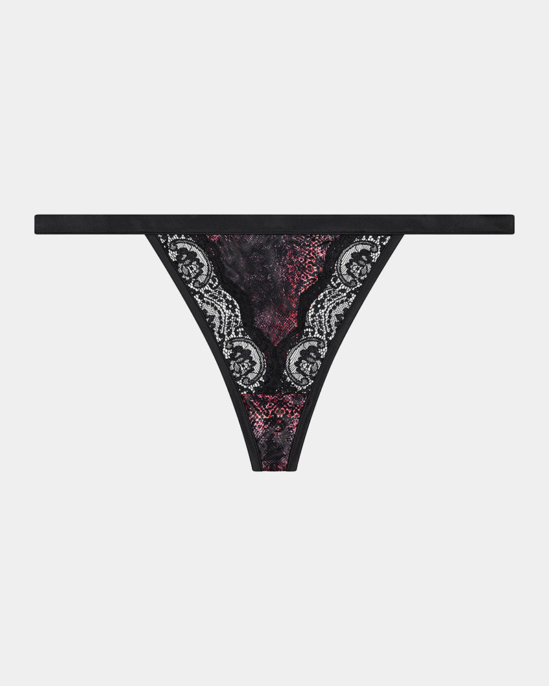 Confessions Thong in SNAKE PRINT/BLACK. Flat lay front view