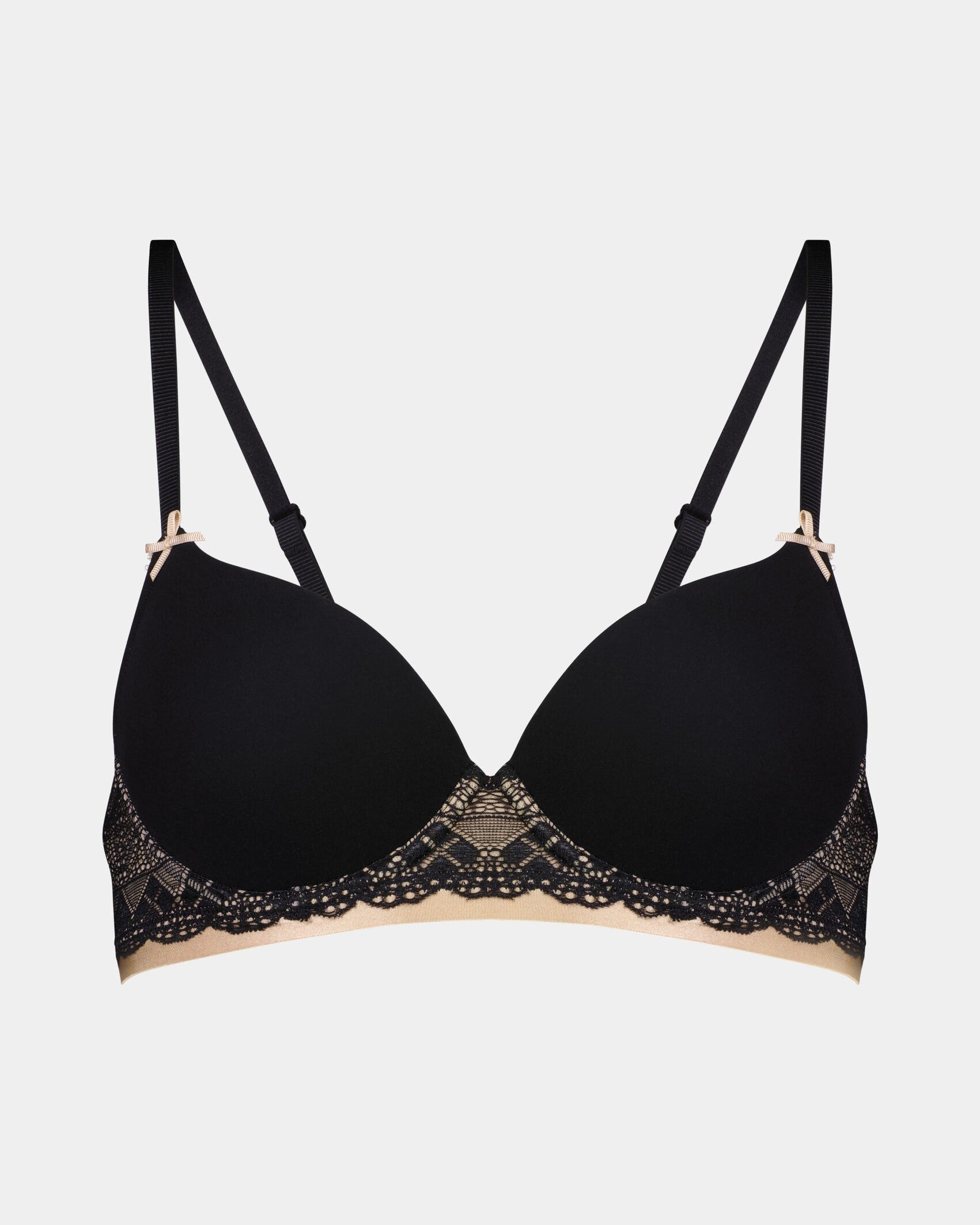 Geometric Lace Contour Bra in BLACK/TOASTED ALMOND. Flat lay front view
